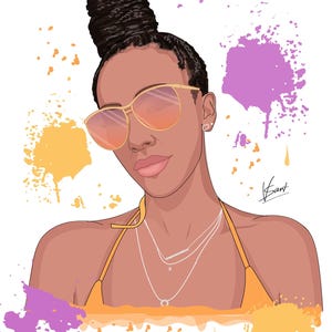 Puede incluir: Ilustraci&oacute;n digital de una persona con gafas de sol con montura dorada y lentes naranjas y un top halter amarillo. La imagen incluye el texto "Why I Love You" y salpicaduras de pintura coloridas.