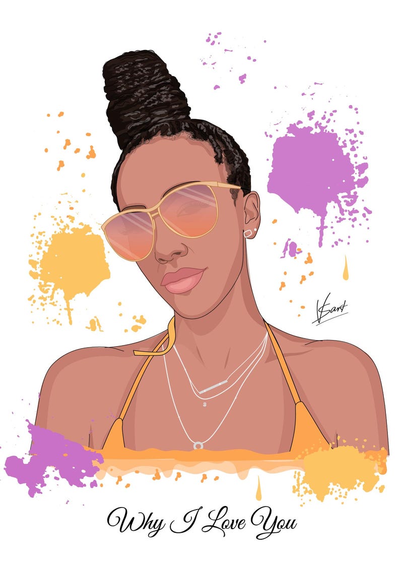 Puede incluir: Ilustraci&oacute;n digital de una persona con gafas de sol con montura dorada y lentes naranjas y un top halter amarillo. La imagen incluye el texto "Why I Love You" y salpicaduras de pintura coloridas.