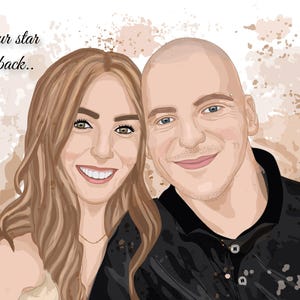 May include: Digital illustration of a smiling couple, with the text "To our star and back.." in elegant script. The woman has long brown hair, and the man is bald. The background features watercolor-style brown and beige splashes.