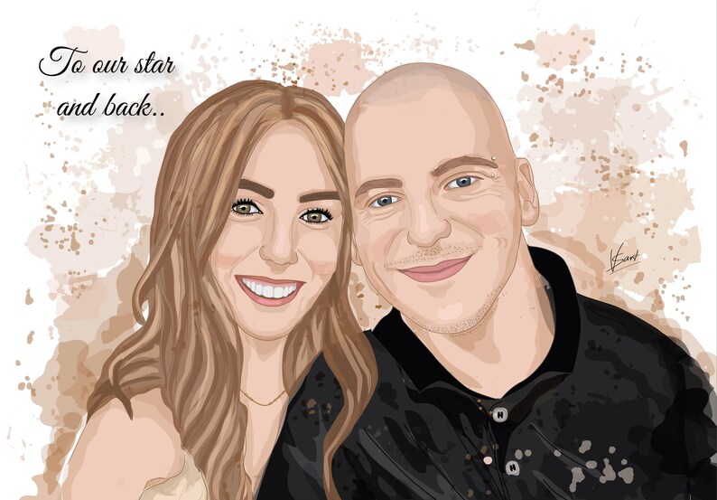 May include: Digital illustration of a smiling couple, with the text "To our star and back.." in elegant script. The woman has long brown hair, and the man is bald. The background features watercolor-style brown and beige splashes.