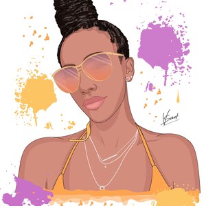 May include: Digital illustration of a person with dark hair styled in a bun, wearing gold-rimmed sunglasses with orange lenses and a yellow halter top. The image includes the text "Why I Love You" and colorful paint splatters.