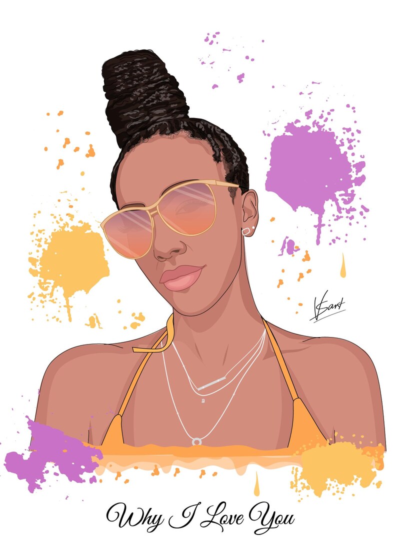 May include: Digital illustration of a person with dark hair styled in a bun, wearing gold-rimmed sunglasses with orange lenses and a yellow halter top. The image includes the text "Why I Love You" and colorful paint splatters.