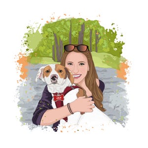 Puede incluir: Ilustraci&oacute;n digital de una mujer y un perro. La mujer tiene el pelo largo casta&ntilde;o y gafas de sol en la cabeza. El perro es blanco y marr&oacute;n, con un collar rojo con una etiqueta que dice "Lola". El fondo presenta &aacute;rboles y un camino.