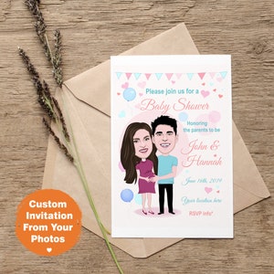 Personalisierte Babyparty-Einladung von Ihren Fotos, maßgeschneiderte Babyparty-Porträt, Babyparty-Einladungen für Jungen oder Mädchen, Karikatur-Porträt