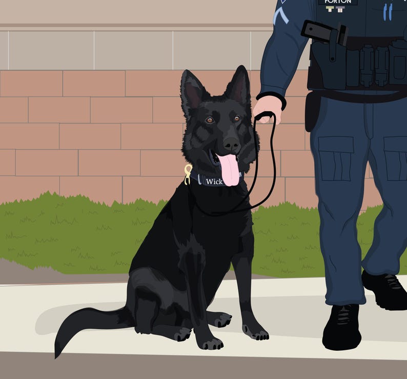 May include: A black German Shepherd dog wearing a collar with the name "Wick" sits on a sidewalk, held by a leash. The dog has a pink tongue hanging out. A person in a blue uniform is holding the leash.