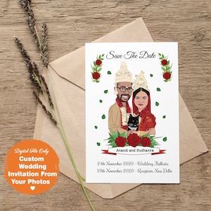 Convite de casamento personalizado indiano-bengali, cartão de convite personalizado para casal, convites personalizados com caricatura indiana, reserve a data