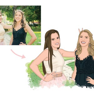 Puede incluir: Ilustraci&oacute;n digital de dos mujeres, una con un vestido negro y la otra con un top blanco y una falda rosa. La imagen incluye una foto m&aacute;s peque&ntilde;a de las mujeres en un entorno natural, con un fondo verde.
