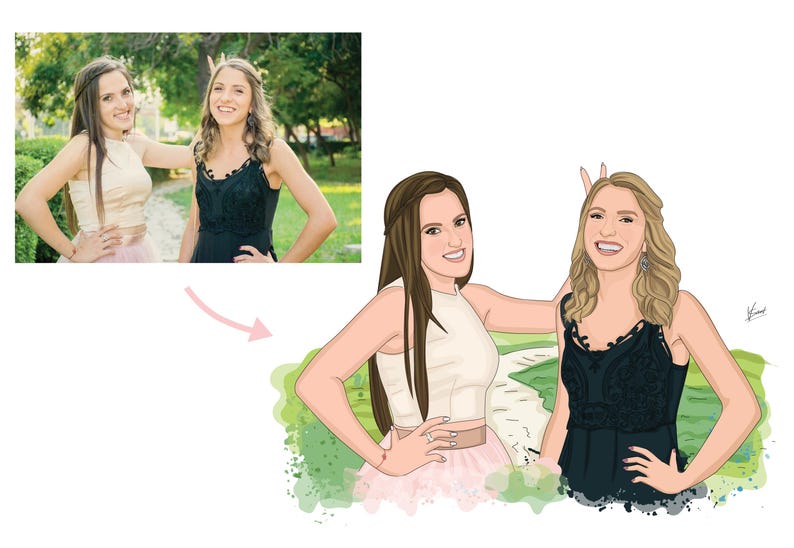 Puede incluir: Ilustraci&oacute;n digital de dos mujeres, una con un vestido negro y la otra con un top blanco y una falda rosa. La imagen incluye una foto m&aacute;s peque&ntilde;a de las mujeres en un entorno natural, con un fondo verde.