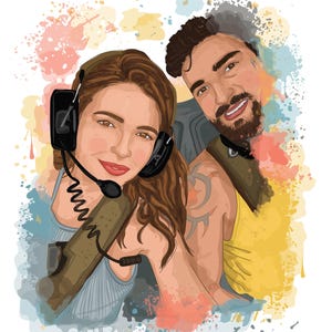 May include: Digital illustration of a couple, both wearing headsets with microphones. The woman is wearing a light blue top, and the man is wearing a yellow tank top. The background features colorful watercolor-style splashes.