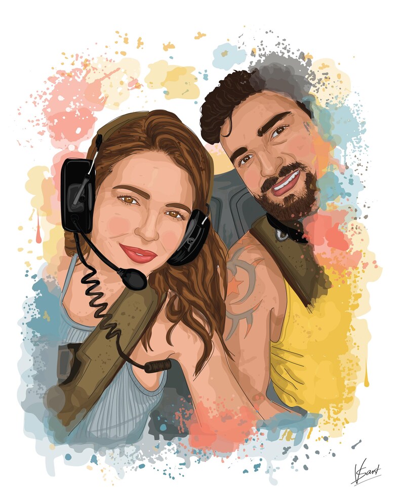 May include: Digital illustration of a couple, both wearing headsets with microphones. The woman is wearing a light blue top, and the man is wearing a yellow tank top. The background features colorful watercolor-style splashes.