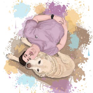 May include: Illustration of a person lying down with a light brown Labrador Retriever dog. The person is wearing a light purple shirt and a black watch. The background features colorful paint splatters.