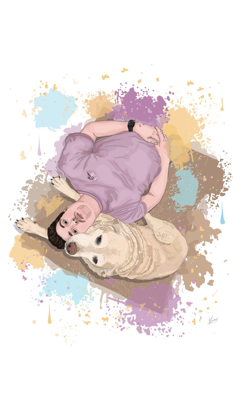 May include: Illustration of a person lying down with a light brown Labrador Retriever dog. The person is wearing a light purple shirt and a black watch. The background features colorful paint splatters.
