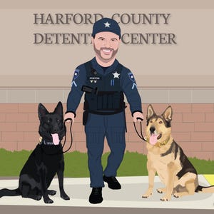 May include: Illustration of a police officer in a dark blue uniform with two German Shepherd dogs. The officer is smiling and wearing a hat with a star. The dogs are on leashes, one black and one tan and black.