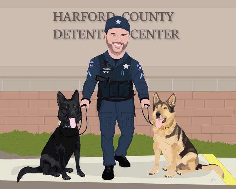 May include: Illustration of a police officer in a dark blue uniform with two German Shepherd dogs. The officer is smiling and wearing a hat with a star. The dogs are on leashes, one black and one tan and black.