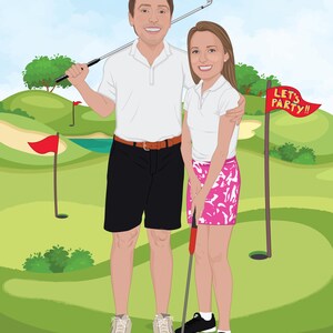 May include: Illustration of a couple on a golf course. The man wears a white polo shirt, black shorts, and sneakers, holding a golf club. The woman wears a white polo shirt and a pink skirt, holding a putter. A golf ball and a flag that says "LET'S PARTY!!" are also visible.