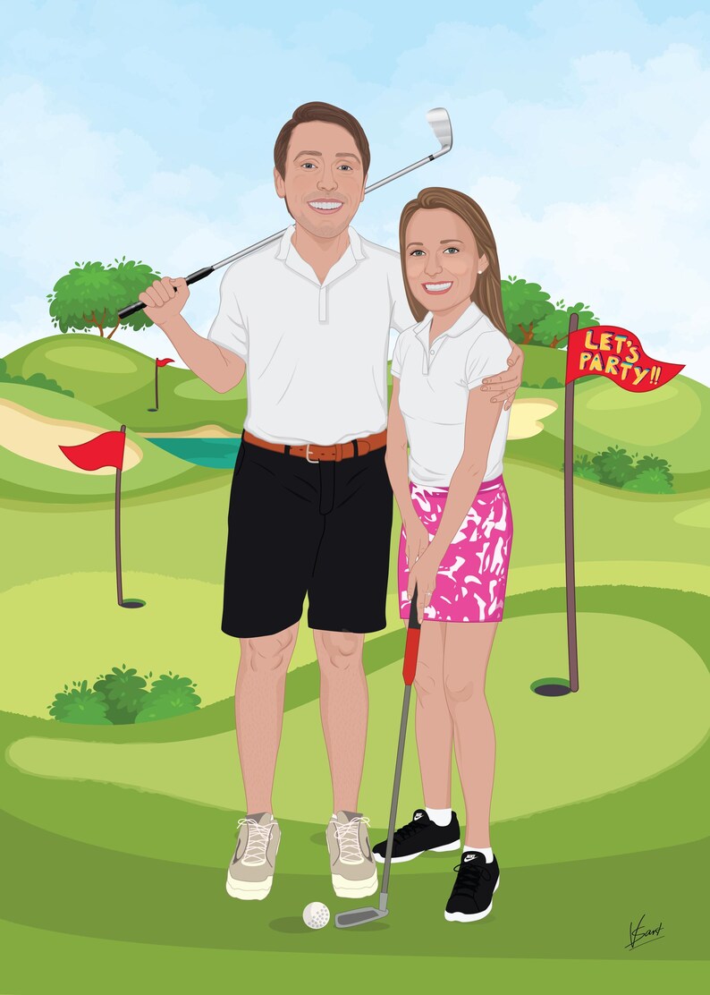 May include: Illustration of a couple on a golf course. The man wears a white polo shirt, black shorts, and sneakers, holding a golf club. The woman wears a white polo shirt and a pink skirt, holding a putter. A golf ball and a flag that says "LET'S PARTY!!" are also visible.
