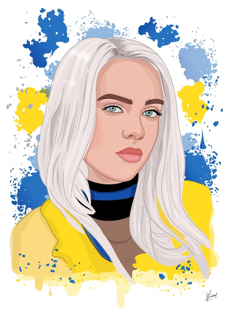 May include: Digital illustration of a person with white hair and blue eyes, wearing a yellow jacket and a black and blue top. The background features blue and yellow paint splatters.