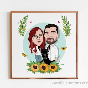 Illustration de couple personnalisée, portrait numérique, dessin de couple à partir d'une photo, portrait de couple avec chien, portrait personnalisé, cadeau de couple personnalisé
