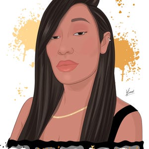 May include: Digital illustration of a person with long dark hair and a gold necklace. The image has a white background with gold paint splatters. The text "Why I Love You" is written at the bottom.