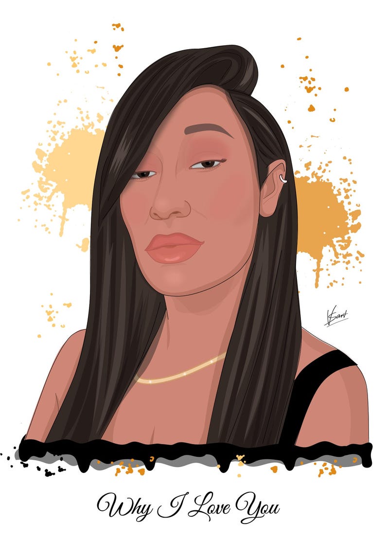 May include: Digital illustration of a person with long dark hair and a gold necklace. The image has a white background with gold paint splatters. The text "Why I Love You" is written at the bottom.