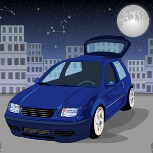 Puede incluir: Un coche azul con port&oacute;n trasero con el maletero abierto, estacionado sobre una superficie gris. El coche se encuentra sobre un fondo de edificios de la ciudad, una luna llena y un cielo estrellado. El coche tiene llantas blancas.
