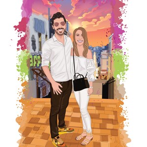 May include: Digital illustration of a couple standing on a brick surface, set against a sunset backdrop. The man wears a white shirt, dark pants, and sneakers. The woman wears a white off-the-shoulder top, white pants, and sandals. A black purse hangs from her shoulder.