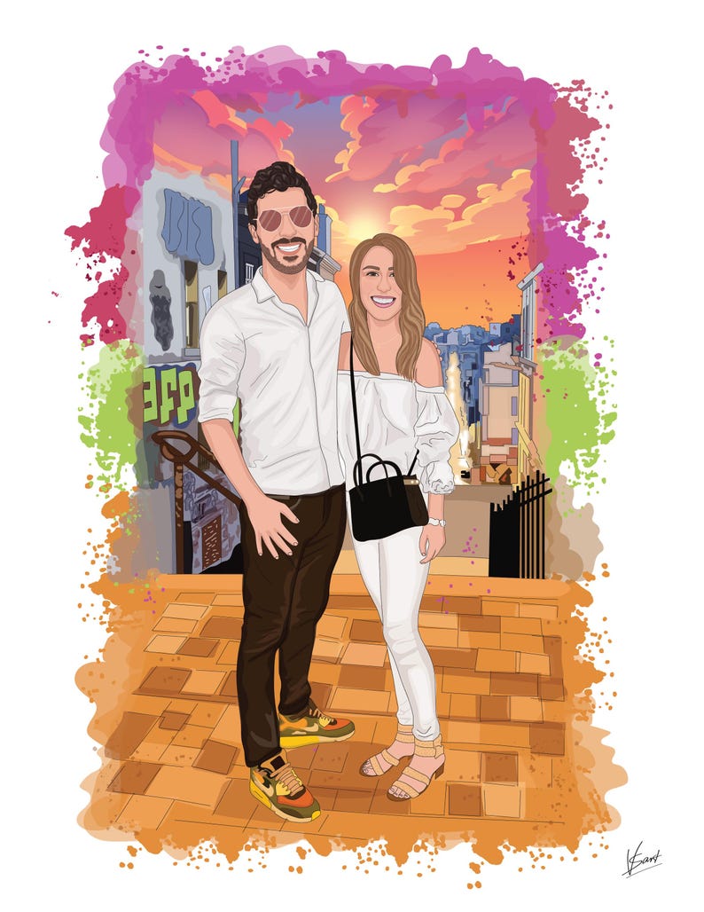 May include: Digital illustration of a couple standing on a brick surface, set against a sunset backdrop. The man wears a white shirt, dark pants, and sneakers. The woman wears a white off-the-shoulder top, white pants, and sandals. A black purse hangs from her shoulder.