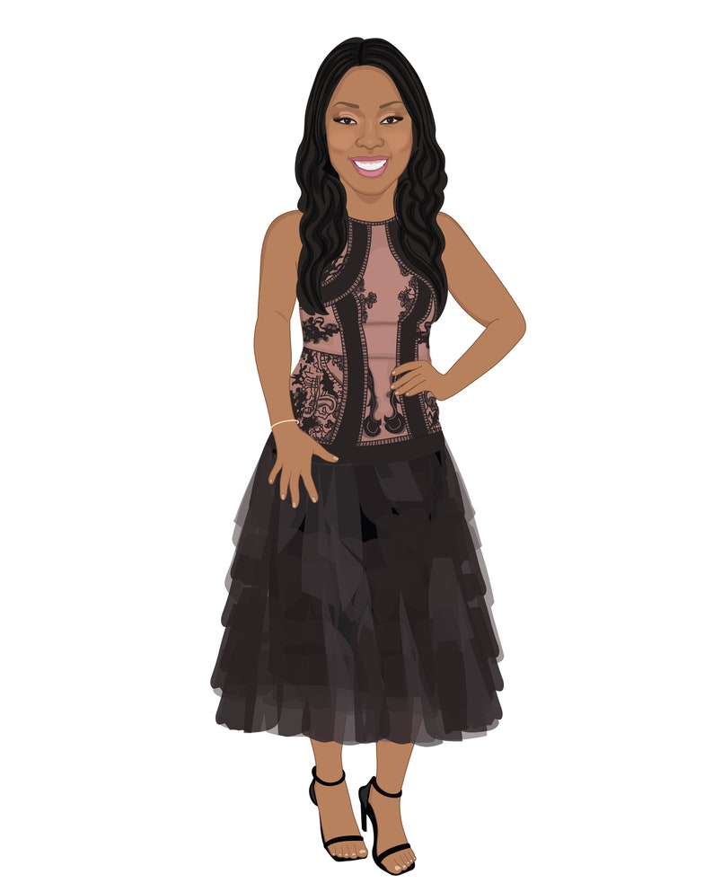May include: Illustration of a woman in a sleeveless dress. The dress features a pink bodice with black lace detailing and a tiered black skirt. She wears black high-heeled sandals. Her long, dark hair cascades over her shoulders.