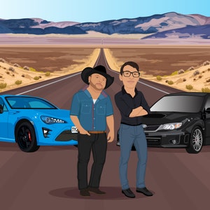 Puede incluir: Ilustraci&oacute;n de dos hombres en una carretera des&eacute;rtica con un coche deportivo azul y un sed&aacute;n negro. El fondo muestra un paisaje des&eacute;rtico con monta&ntilde;as y una carretera.