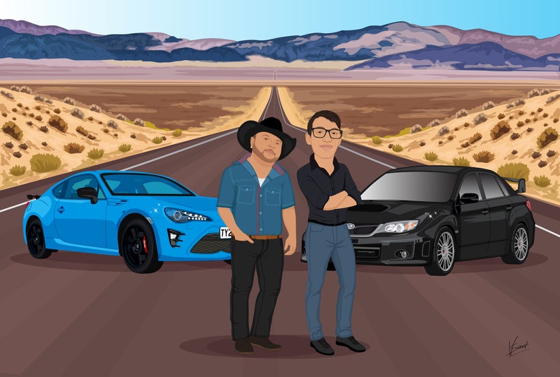 Puede incluir: Ilustraci&oacute;n de dos hombres en una carretera des&eacute;rtica con un coche deportivo azul y un sed&aacute;n negro. El fondo muestra un paisaje des&eacute;rtico con monta&ntilde;as y una carretera.
