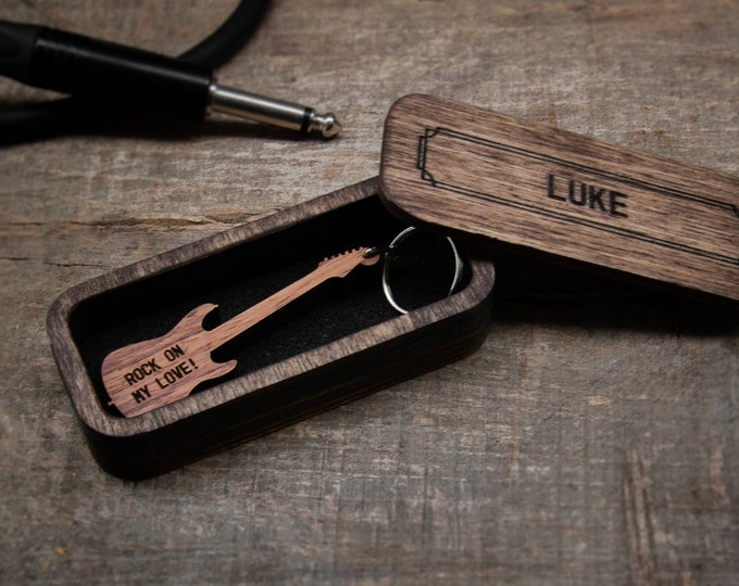 Personalized Electric Guitar Keychain Walnut / Guitar gift / Personalized Music gift