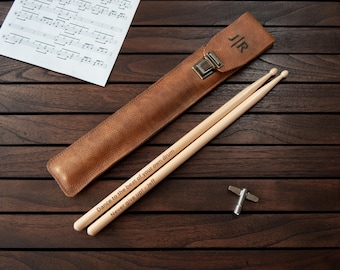 Personalized Drumsticks In Leather Cover - Light Brown - Engraved Drumsticks -  Drummer Gift