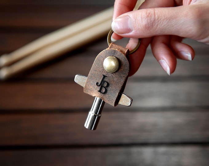 Leather Drum Key Holder with Key: Customizable Engraved Drummer Gift