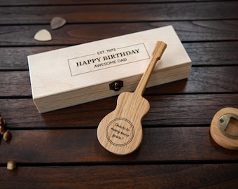 Abridor de botellas de guitarra personalizado en caja de regalo de madera / Roble natural / Regalo de guitarra