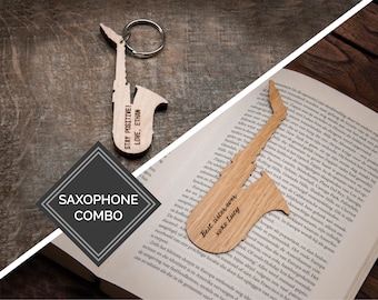 Saxophone Combo: Wooden Keychain & Wooden Bookmark / Engraved Music Gift / Personalized Saxophone Gift