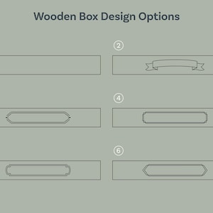 May include: Six different design options for a wooden box. The options include a plain box, a box with a ribbon, and a box with a rectangular label. The label options include a plain label, a label with a border, and a label with a border and a decorative design.