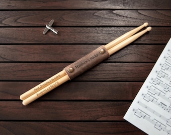 Engraved Drumsticks with Leather Holder - Personalized Drummer Gift