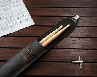Funda de cuero para baquetas - Negro mate - Regalo personalizado - Regalo para bateristas