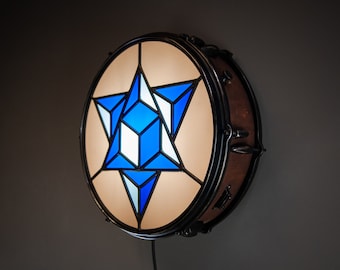 Lámpara de tambor de vidrieras / Diseño geométrico / Luz artesanal