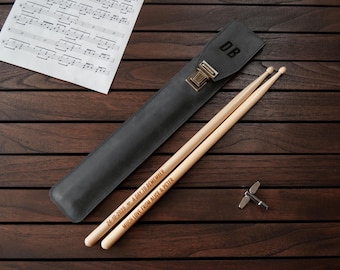 Baquetas personalizadas con funda de cuero - Negro mate - Baquetas grabadas - Regalo para bateristas