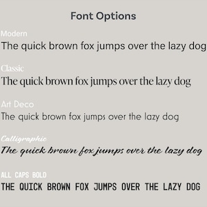 May include: A visual comparison of different font styles, showing the phrase "The quick brown fox jumps over the lazy dog" in each style. The styles include Modern, Classic, Art Deco, Calligraphic, and All Caps Bold.