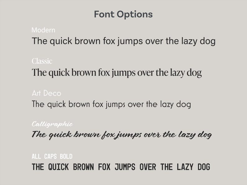 May include: A visual comparison of different font styles, showing the phrase "The quick brown fox jumps over the lazy dog" in each style. The styles include Modern, Classic, Art Deco, Calligraphic, and All Caps Bold.