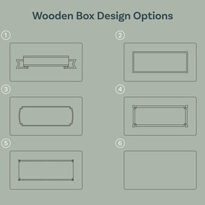Puede incluir: Seis opciones de dise&ntilde;o diferentes para una caja de madera. Cada opci&oacute;n presenta un estilo de borde diferente, que incluye una pancarta, un rect&aacute;ngulo simple y un marco m&aacute;s ornamentado.