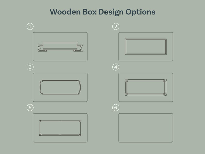 Puede incluir: Seis opciones de dise&ntilde;o diferentes para una caja de madera. Cada opci&oacute;n presenta un estilo de borde diferente, que incluye una pancarta, un rect&aacute;ngulo simple y un marco m&aacute;s ornamentado.