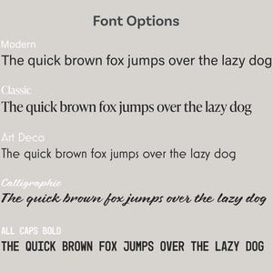 Puede incluir: Una comparaci&oacute;n visual de diferentes estilos de fuente utilizando la frase "The quick brown fox jumps over the lazy dog". Las fuentes incluyen Modern, Classic, Art Deco, Calligraphic y All Caps Bold.