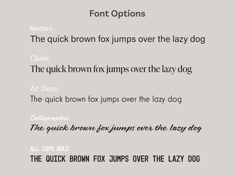 Puede incluir: Una comparaci&oacute;n visual de diferentes estilos de fuente utilizando la frase "The quick brown fox jumps over the lazy dog". Las fuentes incluyen Modern, Classic, Art Deco, Calligraphic y All Caps Bold.