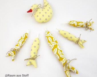 6 he set maritime decoration fish, seagull made of fabric yellow white