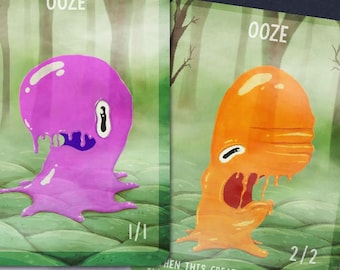 May include: Two illustrated trading cards featuring ooze creatures. The first card shows a purple ooze with a 1/1 power and toughness. The second card shows an orange ooze with a 2/2 power and toughness. The text on the second card reads "When this creature dies, create two 1/1 green ooze creature tokens."
