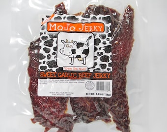 MoJo Jerky "Sweet Garlic" Just a Little Spicy - 1/4 lb Bag Handcrafted Gourmet Thin-Cut Chewy Beef Meat Jerky USA