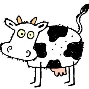 May include: A simple line drawing of a black and white cow with orange ears. The cow has large, round eyes and a pink udder.
